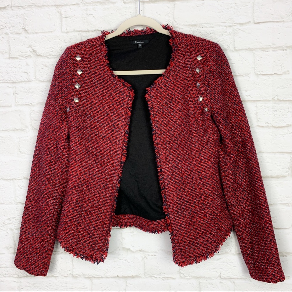 Monteau Tweed Studded Fringe Open Front Blazer S